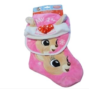 RUDOLPH  Baby's 1st Christmas baby set new hat bib stocking pink